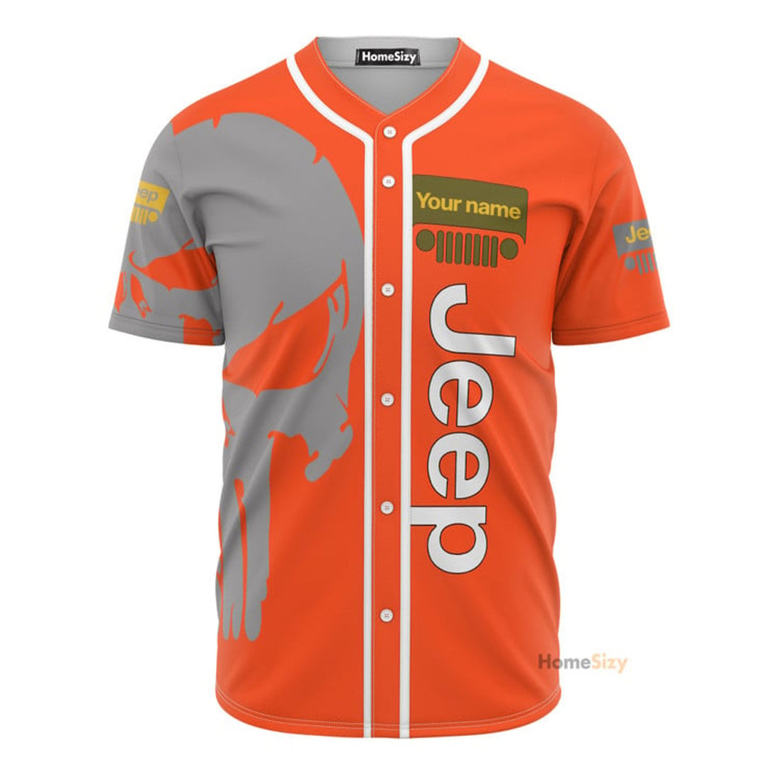 Custom Name Orange Jeep Skull - Personalized Baseball Jersey