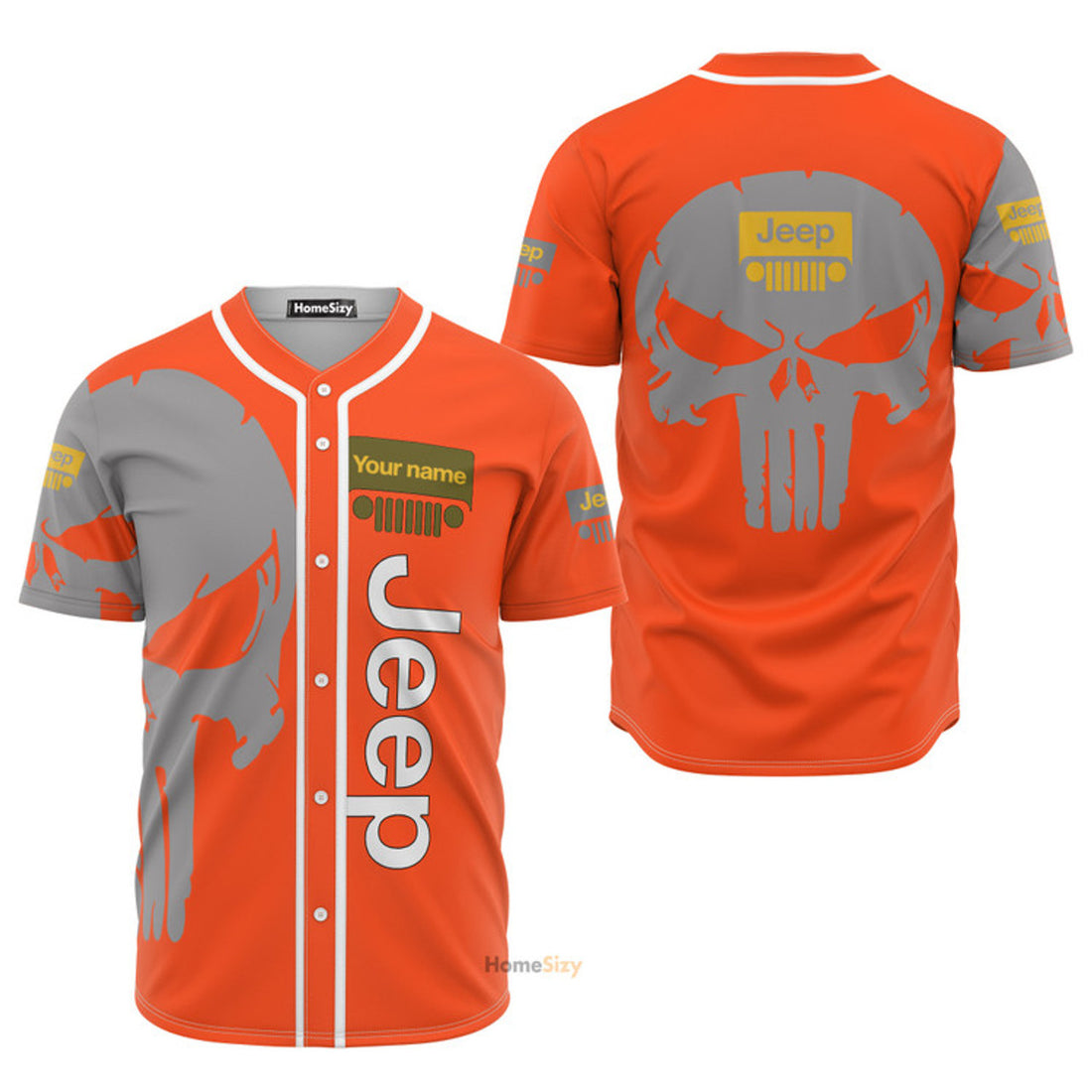Custom Name Orange Jeep Skull - Personalized Baseball Jersey