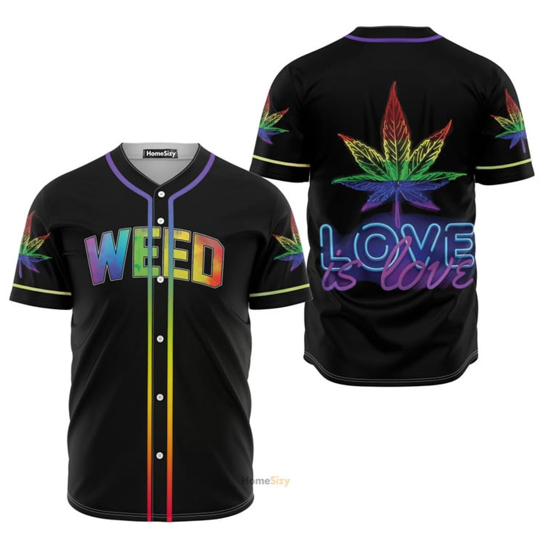 LGBT Love Is Love Weed Neon Rainbow Color Black - Baseball Jersey