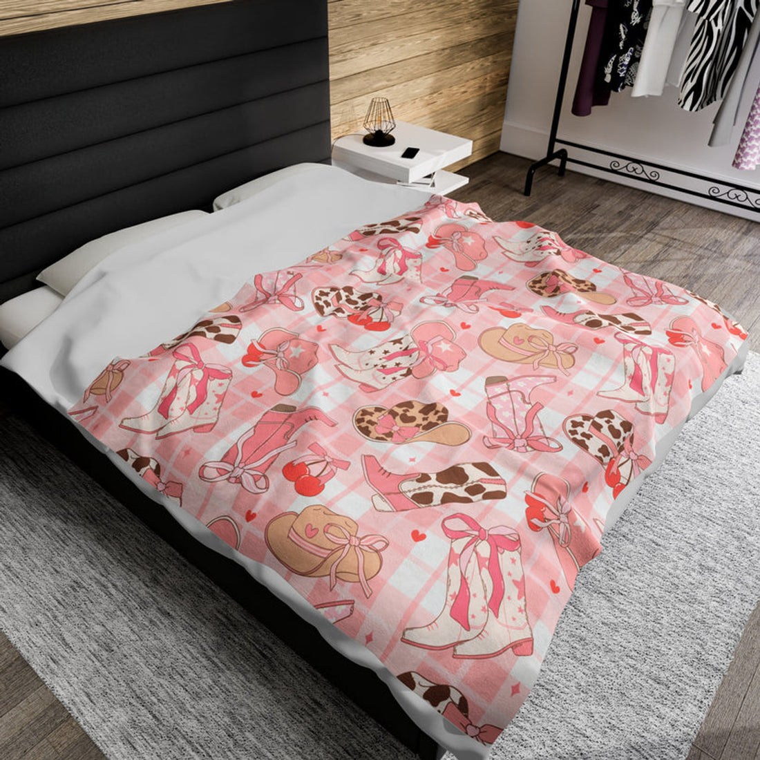 FUNSTUFFPRINT Plush Blanket - Girls Western Theme with Pink Plaid and Cherries