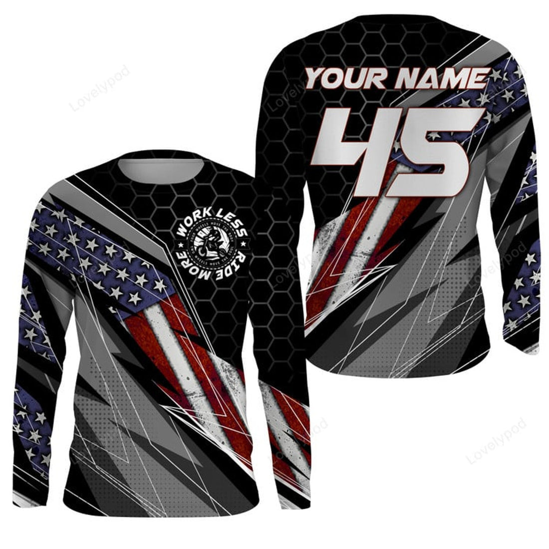FUNSTUFFPRINT Custom Racing Jersey, Patriotic Work Less Ride More Dirt Bike Motocross Racewear 3D Long Sleeve T-Shirt