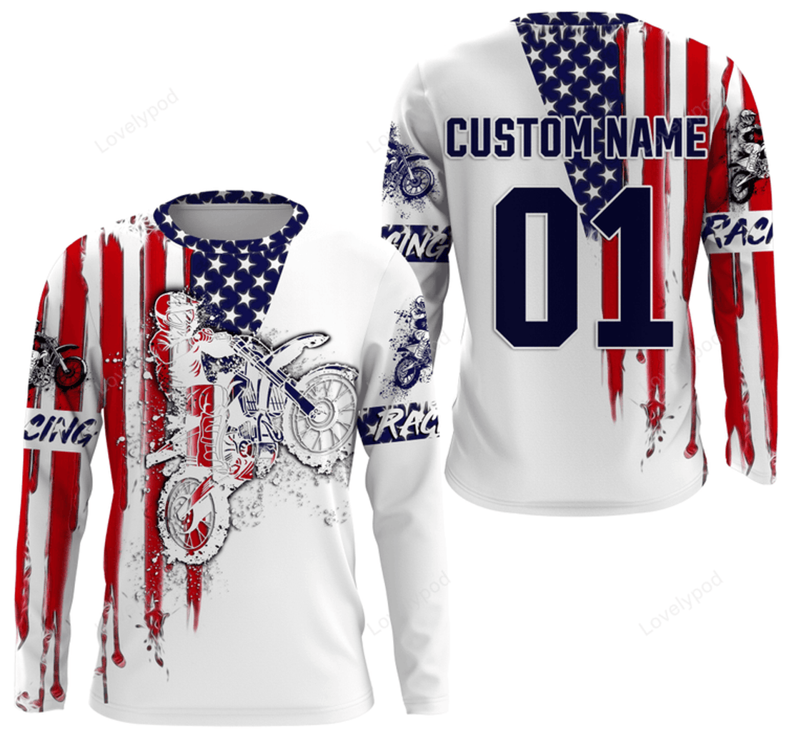 FUNSTUFFPRINT Custom Dirt bike Racing Jersey Personalized Patriotic Motocross Off-road Riders American Riding 3D Long Sleeve T-Shirt