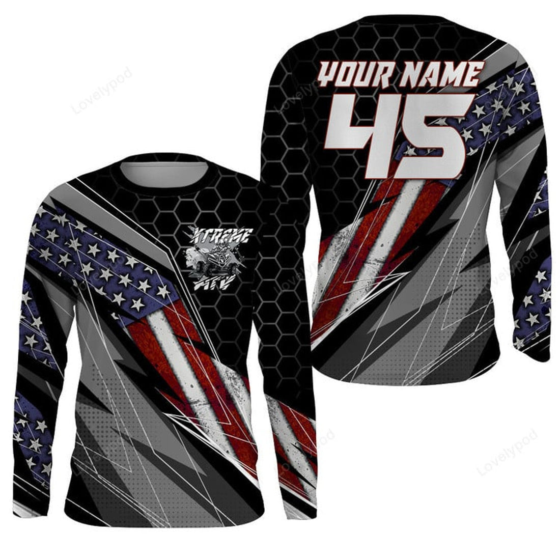 FUNSTUFFPRINT Custom ATV Motocross Jersey, Quad Bike Shirt, Racing Adult American Flag 3D Long Sleeve T-Shirt