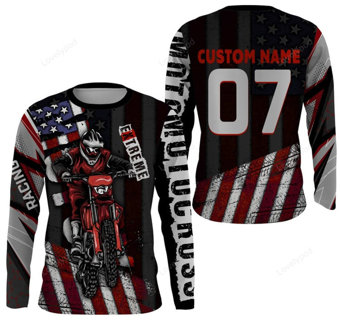 FUNSTUFFPRINT Custom Motocross Jersey American Flag Dirt Bike Racing Long Sleeve T-Shirt, Off-Road Rider Racewear 3D Long Sleeve T-Shirt