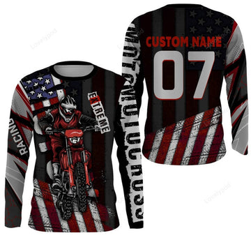 FUNSTUFFPRINT Custom Motocross Jersey American Flag Dirt Bike Racing Long Sleeve T-Shirt, Off-Road Rider Racewear 3D Long Sleeve T-Shirt