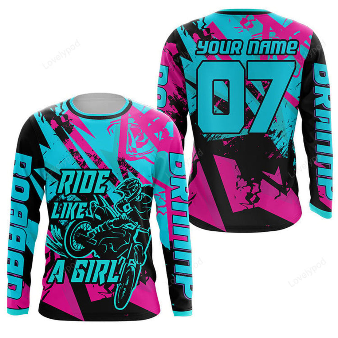 FUNSTUFFPRINT Custom Ride Like A Girl Personalized MX Racing Jersey Girls, Women Motocross Dirt Bike 3D Long Sleeve T-Shirt