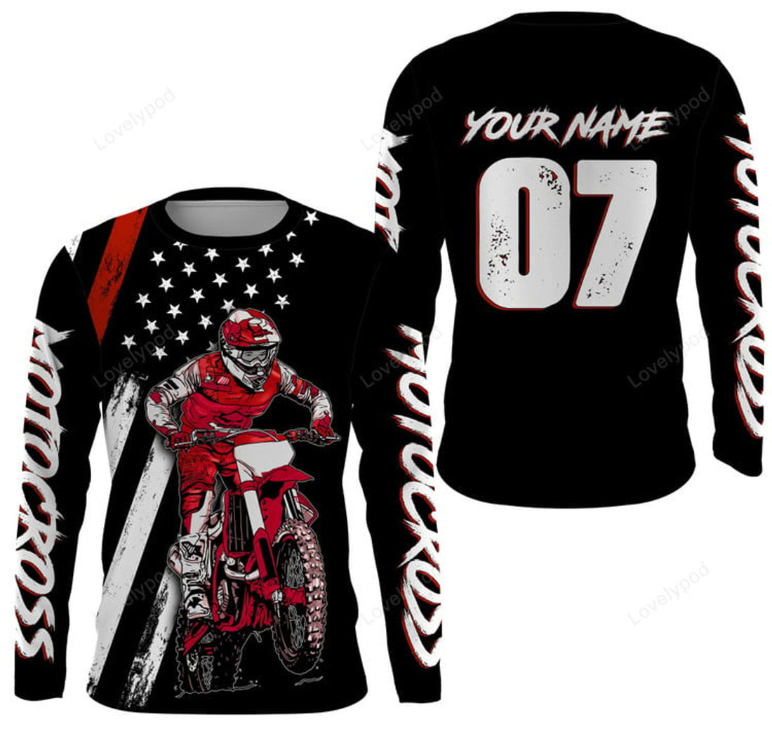 FUNSTUFFPRINT Custom name number motocross jersey, American red dirt bike racing off-road motorcycle 3D Long Sleeve T-Shirt