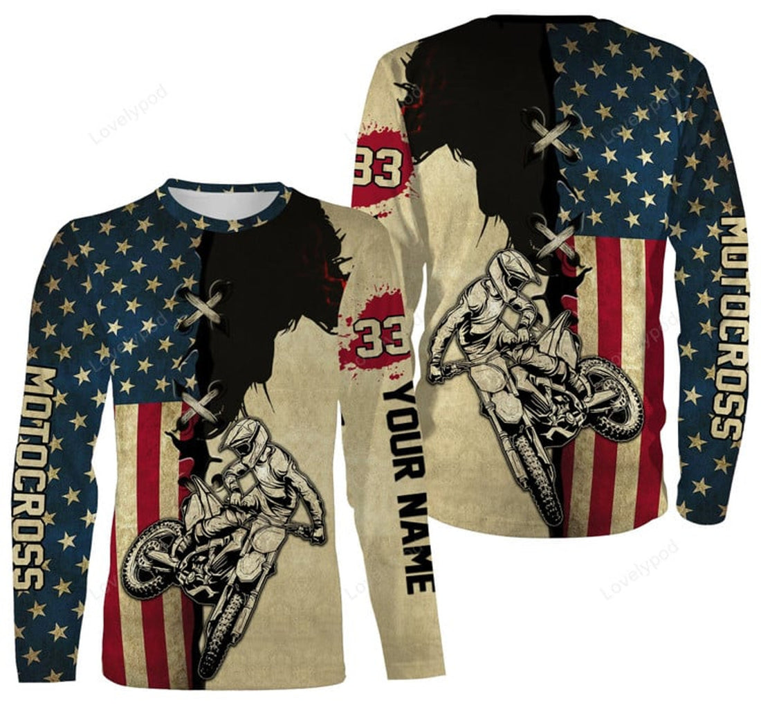 FUNSTUFFPRINT Custom Motocross Racing Jersey American Flag , Moto X Dirt Bike Motorcycle 3D Long Sleeve T-Shirt