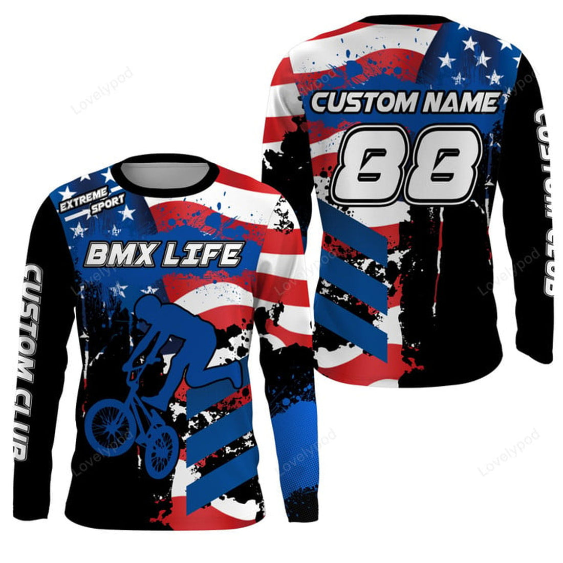 FUNSTUFFPRINT Custom American BMX racing jersey, patriotic Cycling , bicycle motocross racewear 3D Long Sleeve T-Shirt