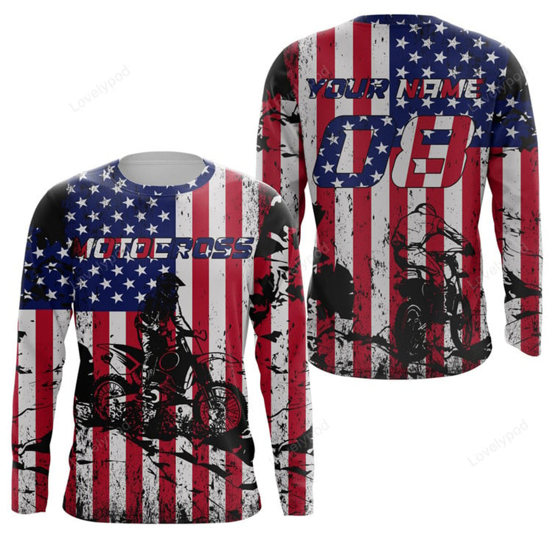 FUNSTUFFPRINT Custom American Flag Motocross , Patriotic MX Racing Motorcycle Jersey 3D Long Sleeve T-Shirt