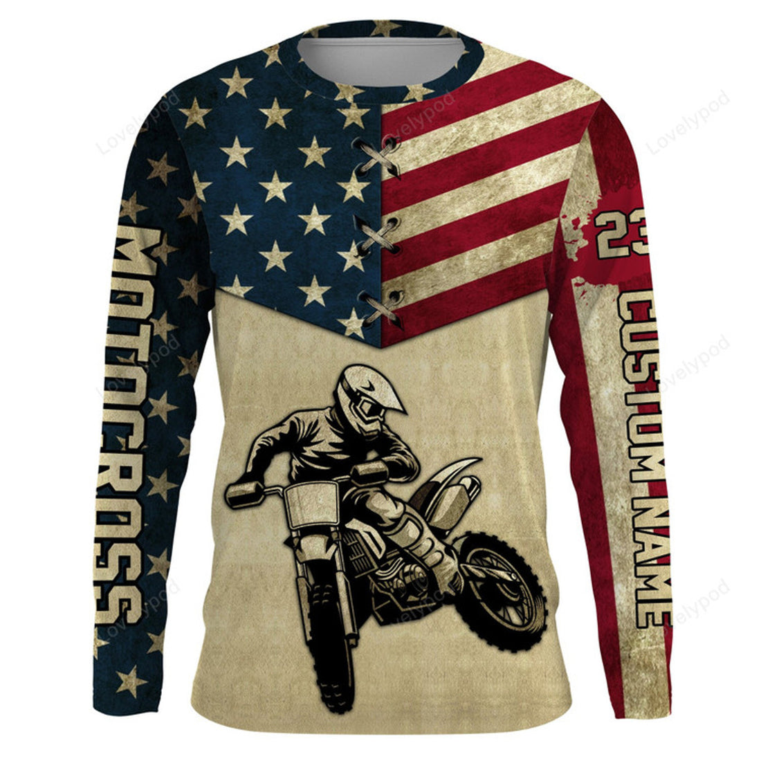 FUNSTUFFPRINT Custom Motocross Racing Jersey, UV Protection American Flag MotoX Dirt Bike 3D Long Sleeve T-Shirt