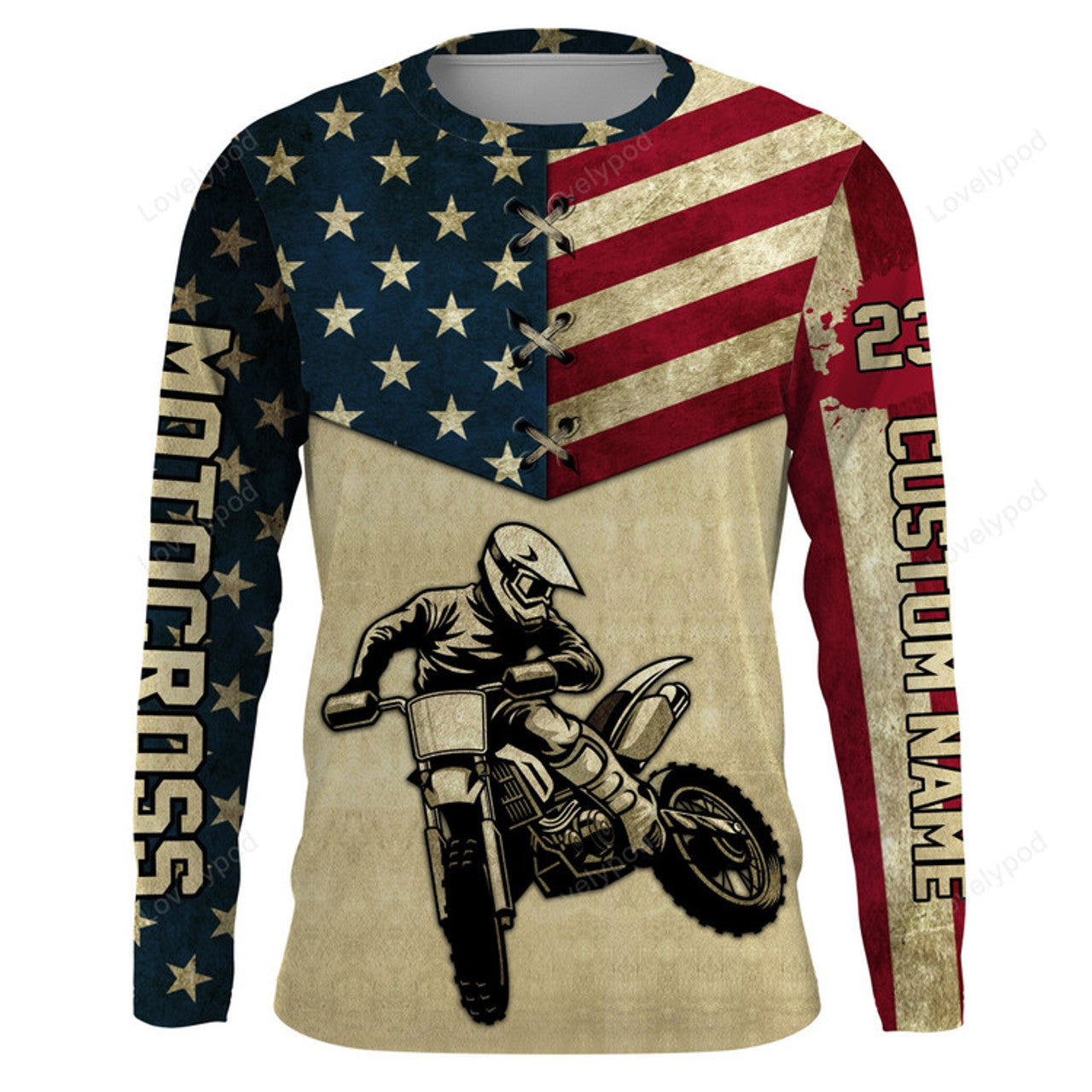 FUNSTUFFPRINT Custom Motocross Racing Jersey, UV Protection American Flag MotoX Dirt Bike 3D Long Sleeve T-Shirt