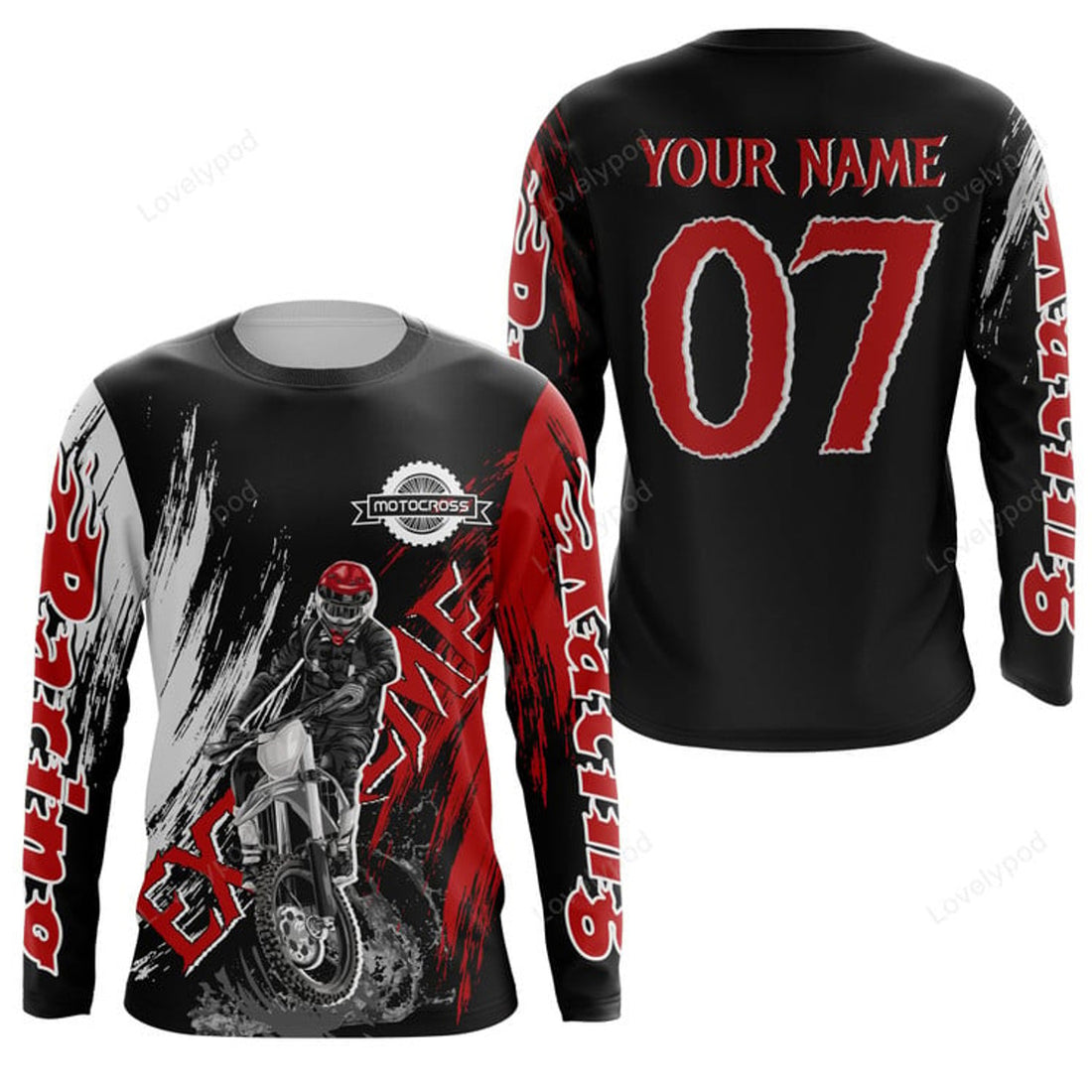 FUNSTUFFPRINT Custom Motocross off-road jersey black red, adult custom dirt bike racing 3D Long Sleeve T-Shirt