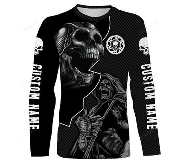 FUNSTUFFPRINT Custom Riding Jersey 3D Skull Biker Motorcycle Racing Shirt, Off-Road Motocross Riders Racewear 3D Long Sleeve T-Shirt