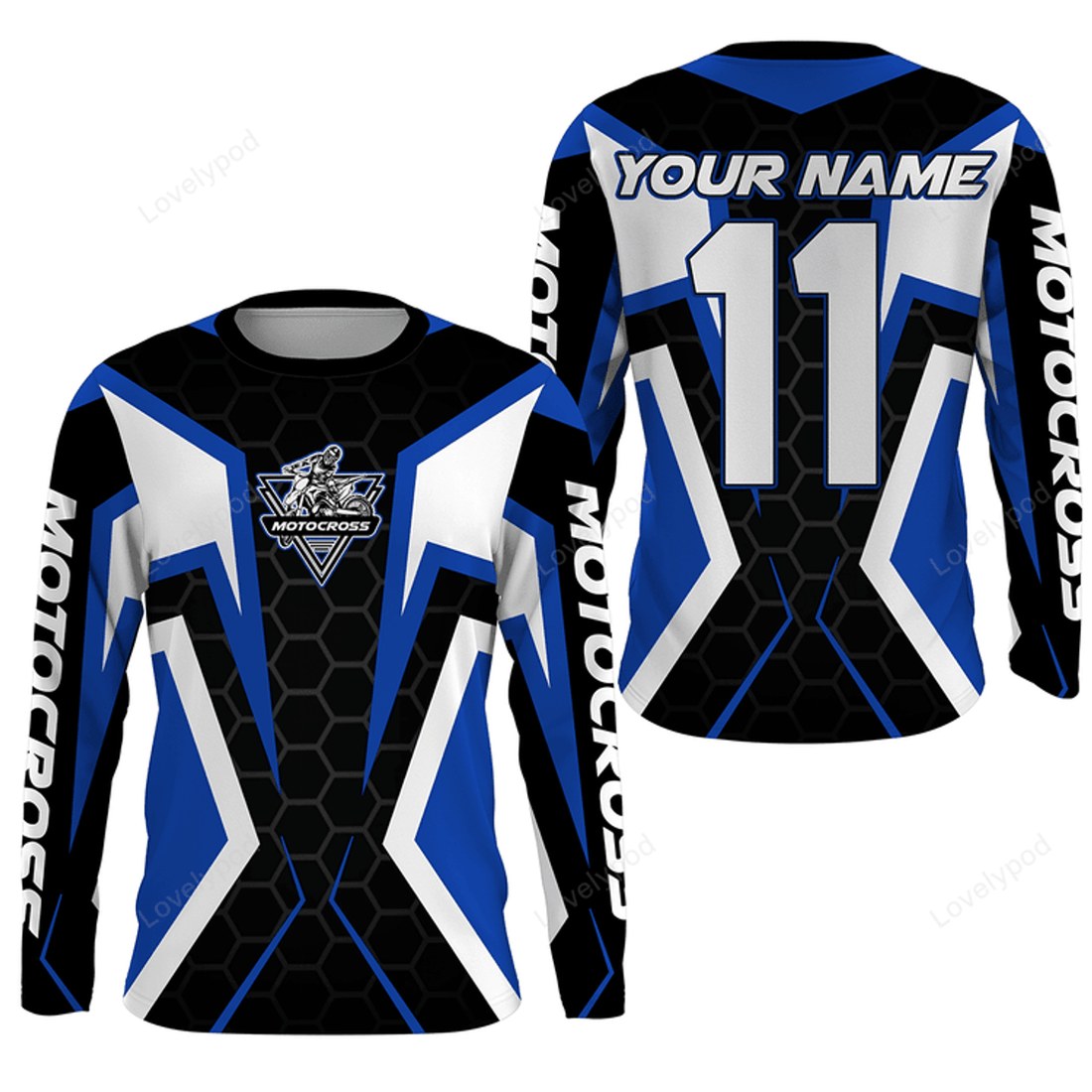 FUNSTUFFPRINT Custom Blue white customizable Motocross jersey, MX off-road shirt biker racing motorcycle 3D Long Sleeve T-Shirt