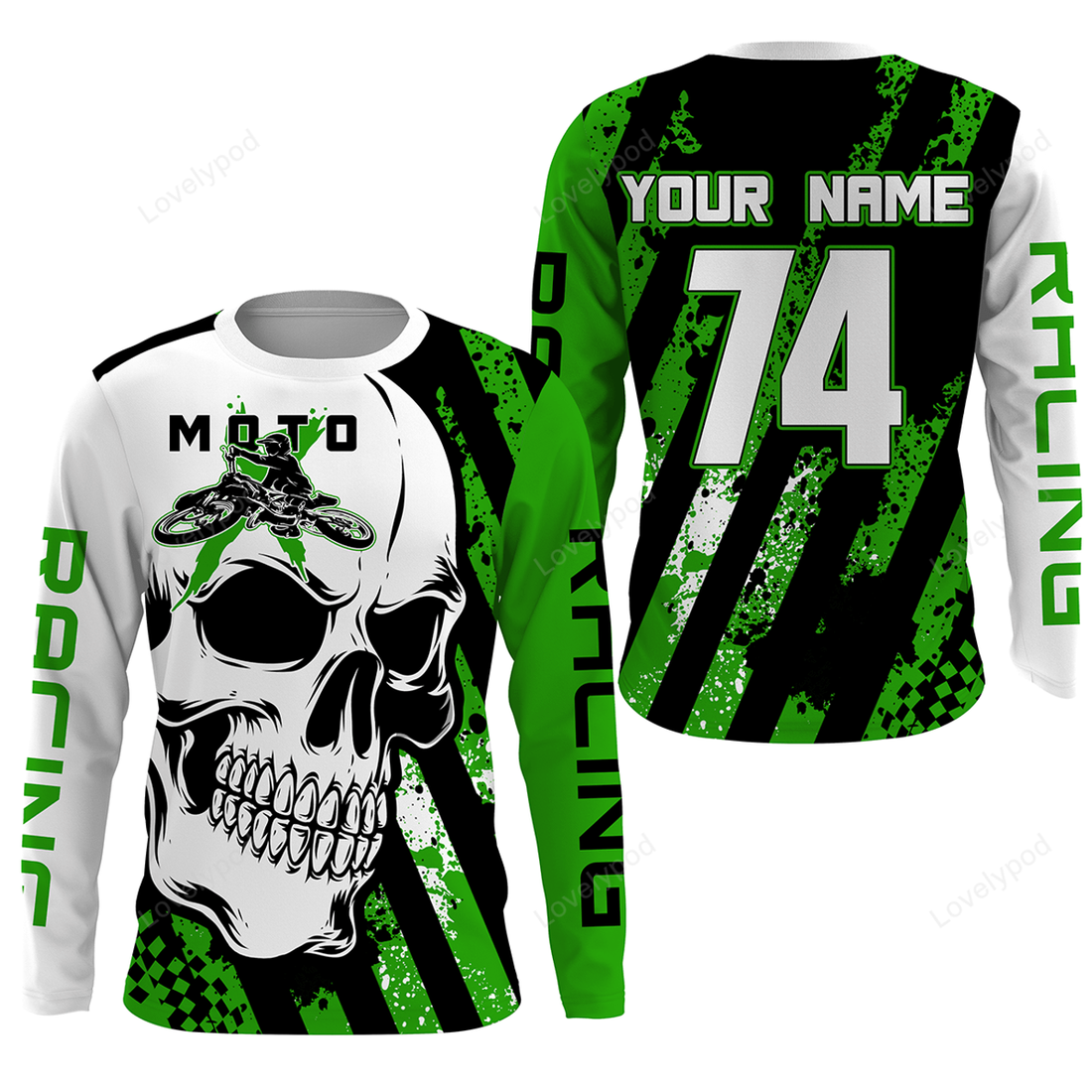 FUNSTUFFPRINT Custom 3D all over printed Skull MotoX jersey, custom number motocross UV protective green dirt bike racing motorcycle racewear 3D Long Sleeve T-Shirt