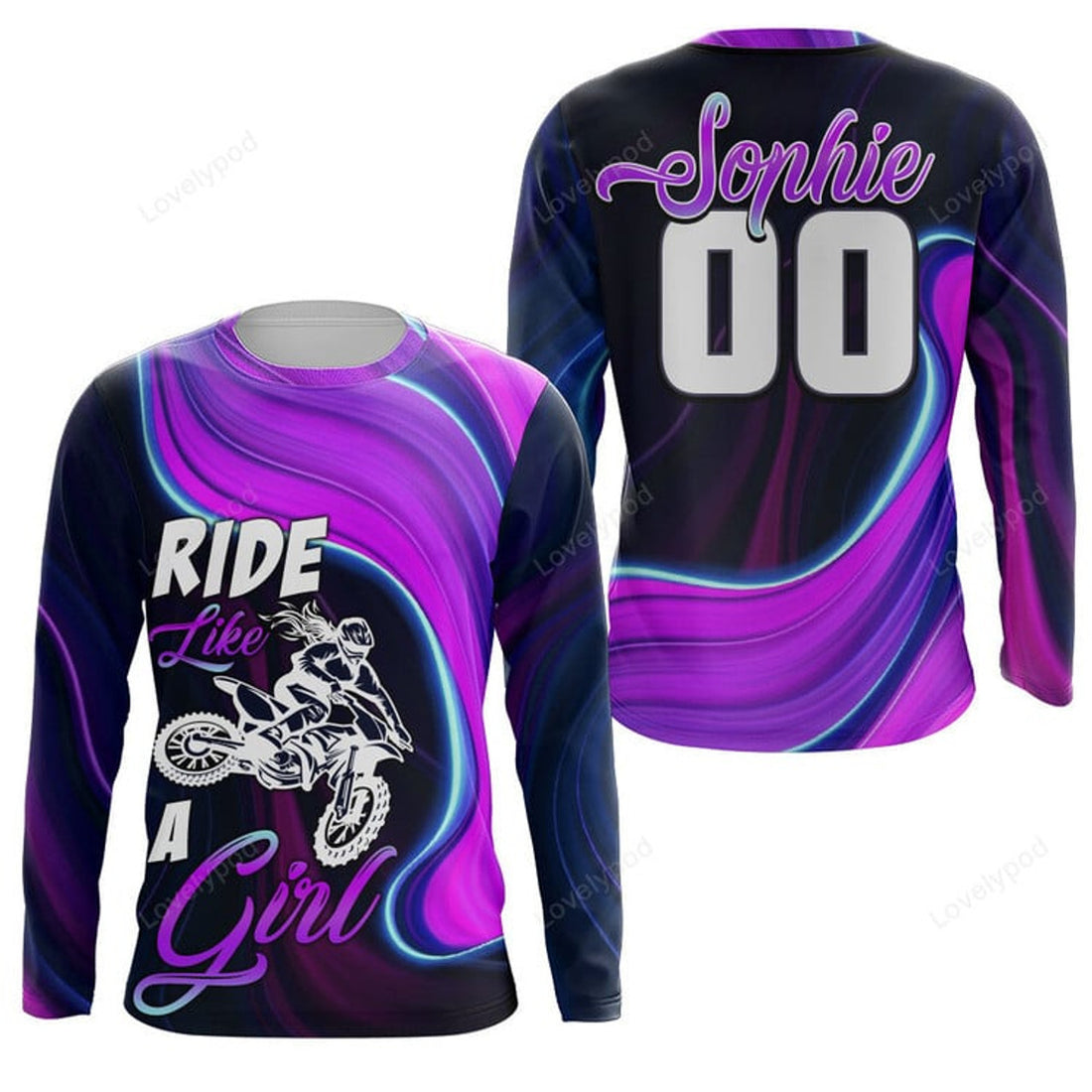 FUNSTUFFPRINT Ride Like A Girl Custom Motocross Jersey, Women Dirt Bike Shirt 3D Long Sleeve T-Shirt