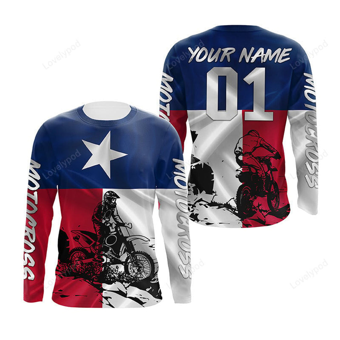 FUNSTUFFPRINT Custom Texas Flag Motocross Jersey Dirt Bike Motorcycle Racing 3D Long Sleeve T-Shirt