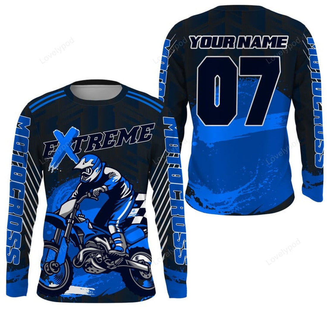 FUNSTUFFPRINT Custom blue Motocross riding jersey, extreme MX racing dirt bike off-road motorcycle shirt 3D Long Sleeve T-Shirt