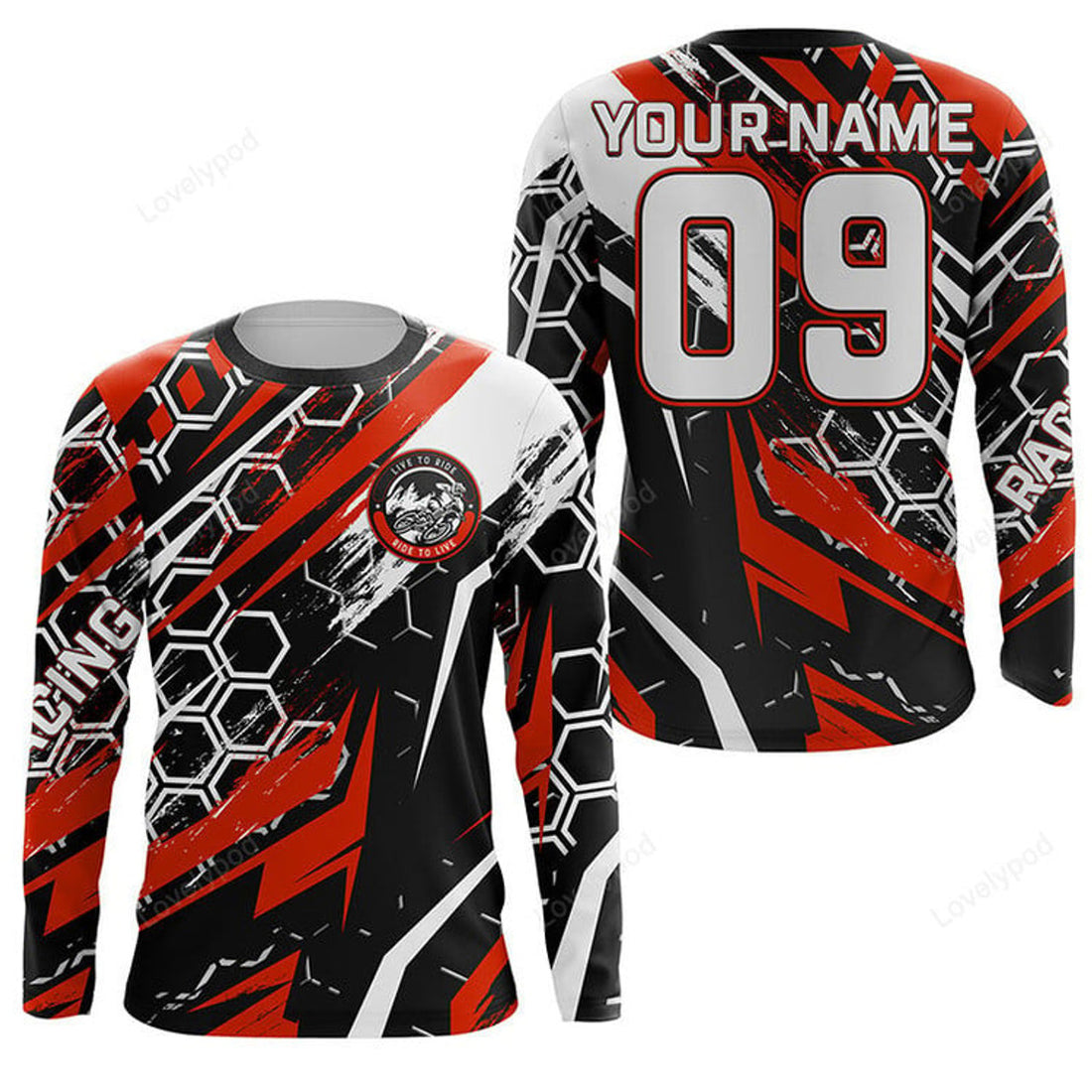 FUNSTUFFPRINT Custom extreme Motocross racing jersey, biker Live To Ride off-road red MX 3D Long Sleeve T-Shirt