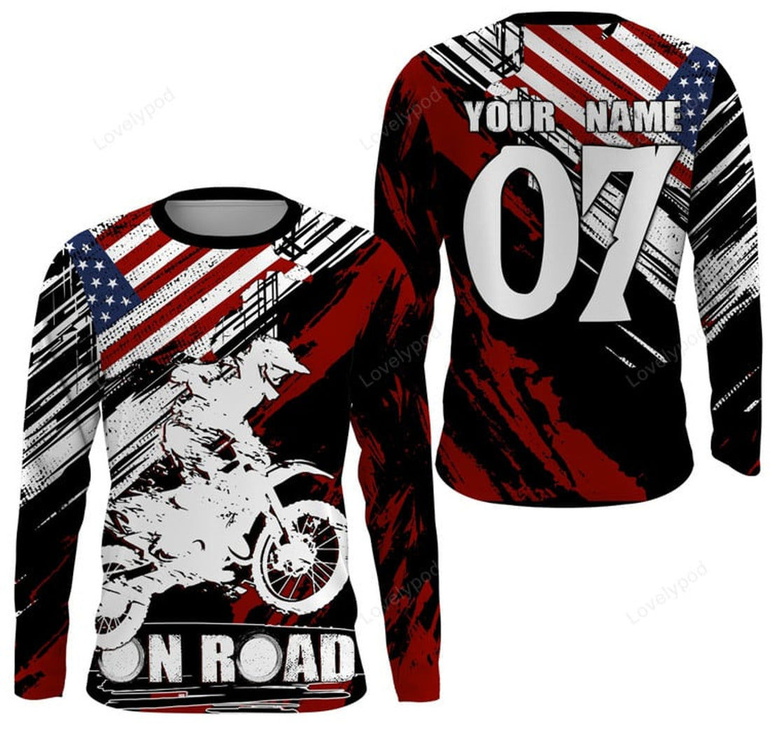 FUNSTUFFPRINT Custom American flag Motocross jersey, MX racing biker extreme motorcycle 3D Long Sleeve T-Shirt