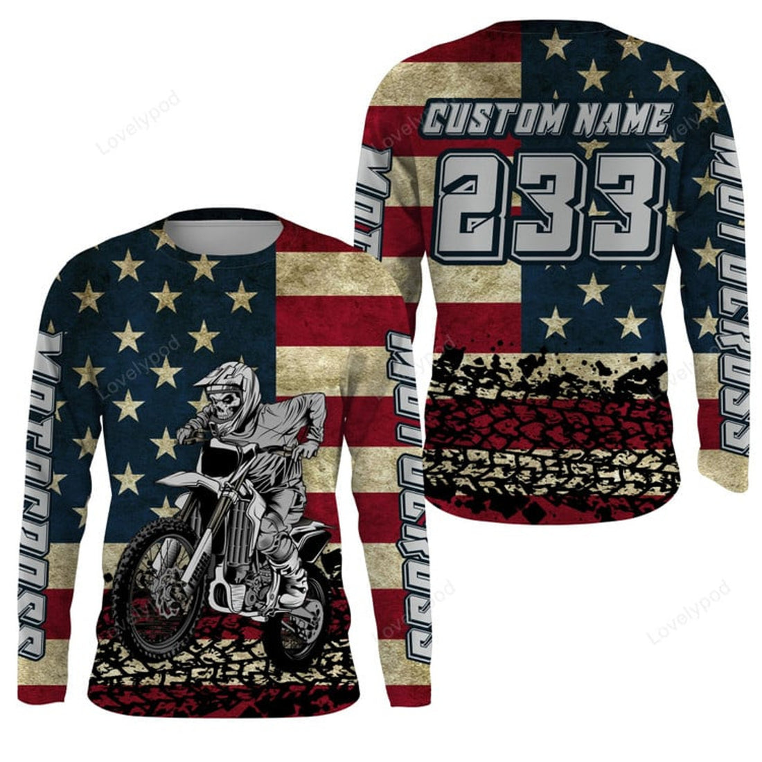FUNSTUFFPRINT Custom American Flag skull Motocross jersey, UV Patriotic dirt bike racing motorcycle racewear 3D Long Sleeve T-Shirt