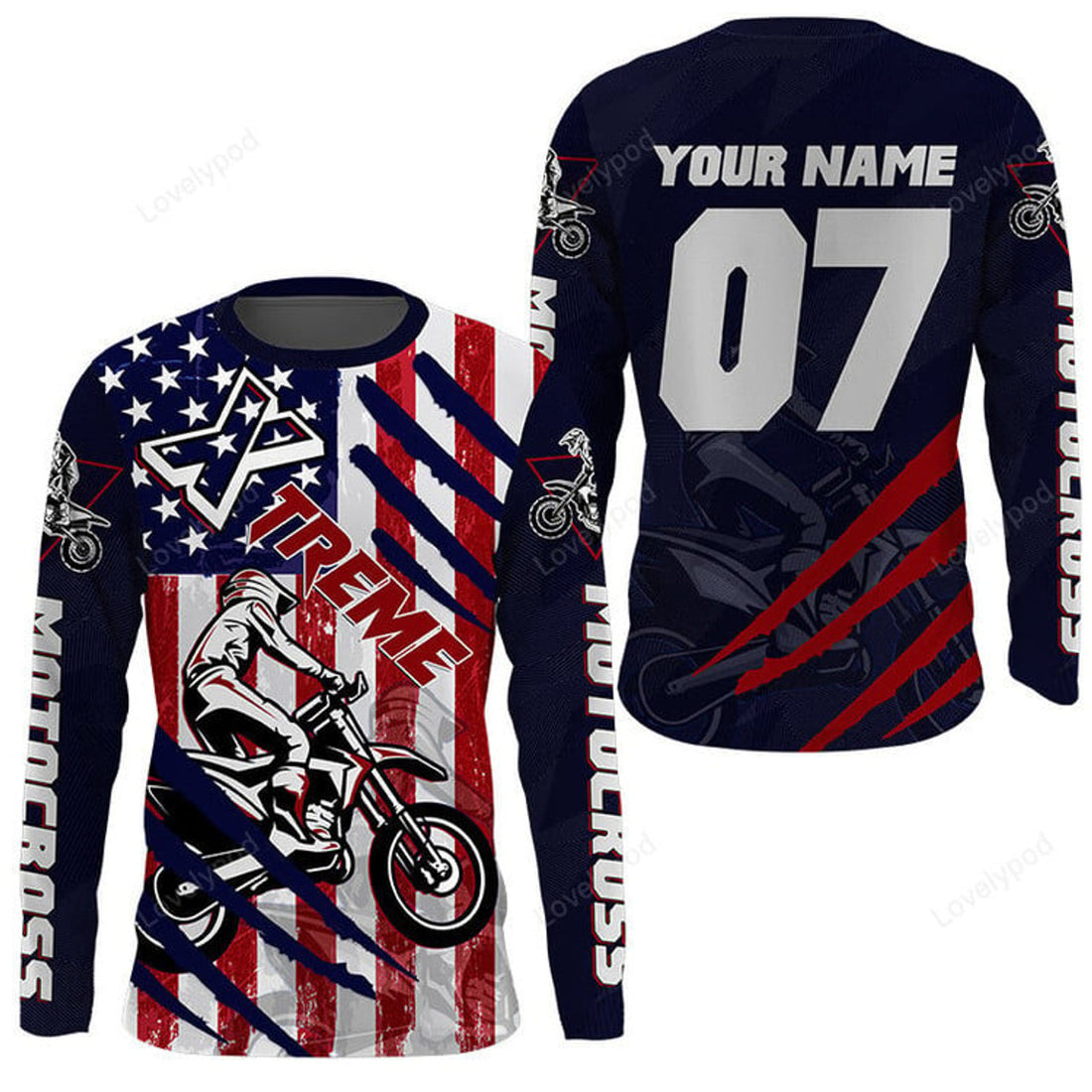 FUNSTUFFPRINT Custom USA Motocross jersey, women men dirt bike off-road extreme racing 3D Long Sleeve T-Shirt