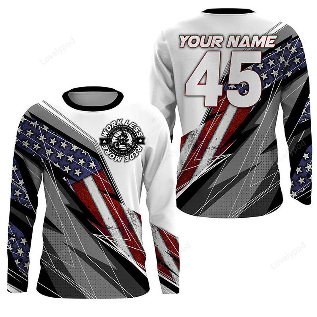 FUNSTUFFPRINT Custom Racing Jersey Patriotic Work Less Ride More Dirt Bike Motocross 3D Long Sleeve T-Shirt