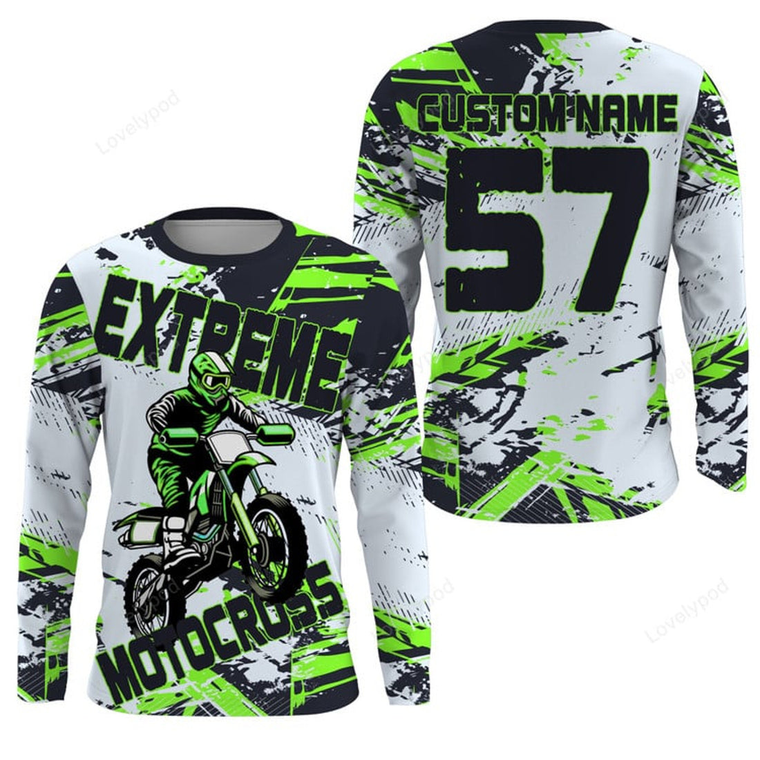 FUNSTUFFPRINT Customized name, number Motocross jersey, green white youth adult UV MX dirt bike 3D Long Sleeve T-Shirt