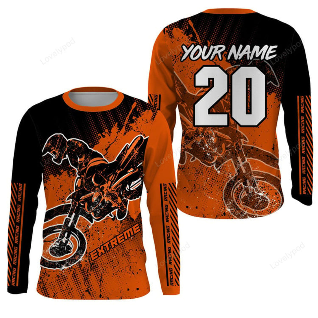 FUNSTUFFPRINT Customized Motocross for kid men women jersey, custom off-road dirt bike orange racing shirt racewear 3D Long Sleeve T-Shirt