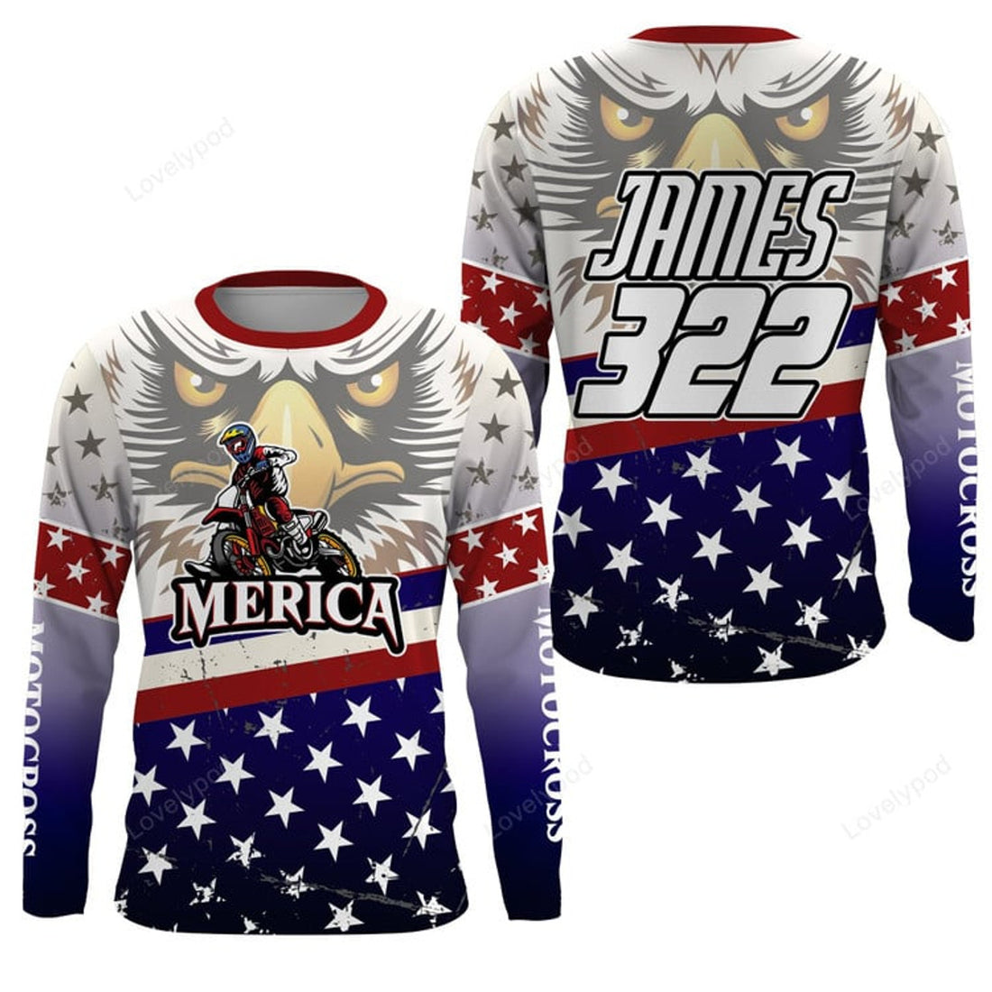 FUNSTUFFPRINT Custom American Eagle Motocross , Patriotic MX Off-Road Dirt Bike Jersey 3D Long Sleeve T-Shirt