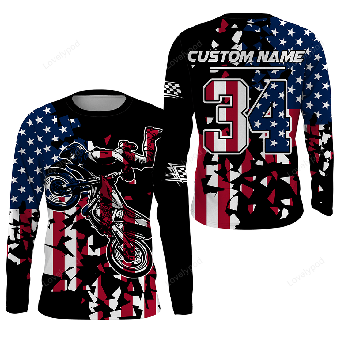 FUNSTUFFPRINT Custom Dirt Bike Racing Jersey, Patriotic Motocross American Off-Road Riding Jersey 3D Long Sleeve T-Shirt