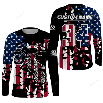 FUNSTUFFPRINT Custom Dirt Bike Racing Jersey, Patriotic Motocross American Off-Road Riding Jersey 3D Long Sleeve T-Shirt