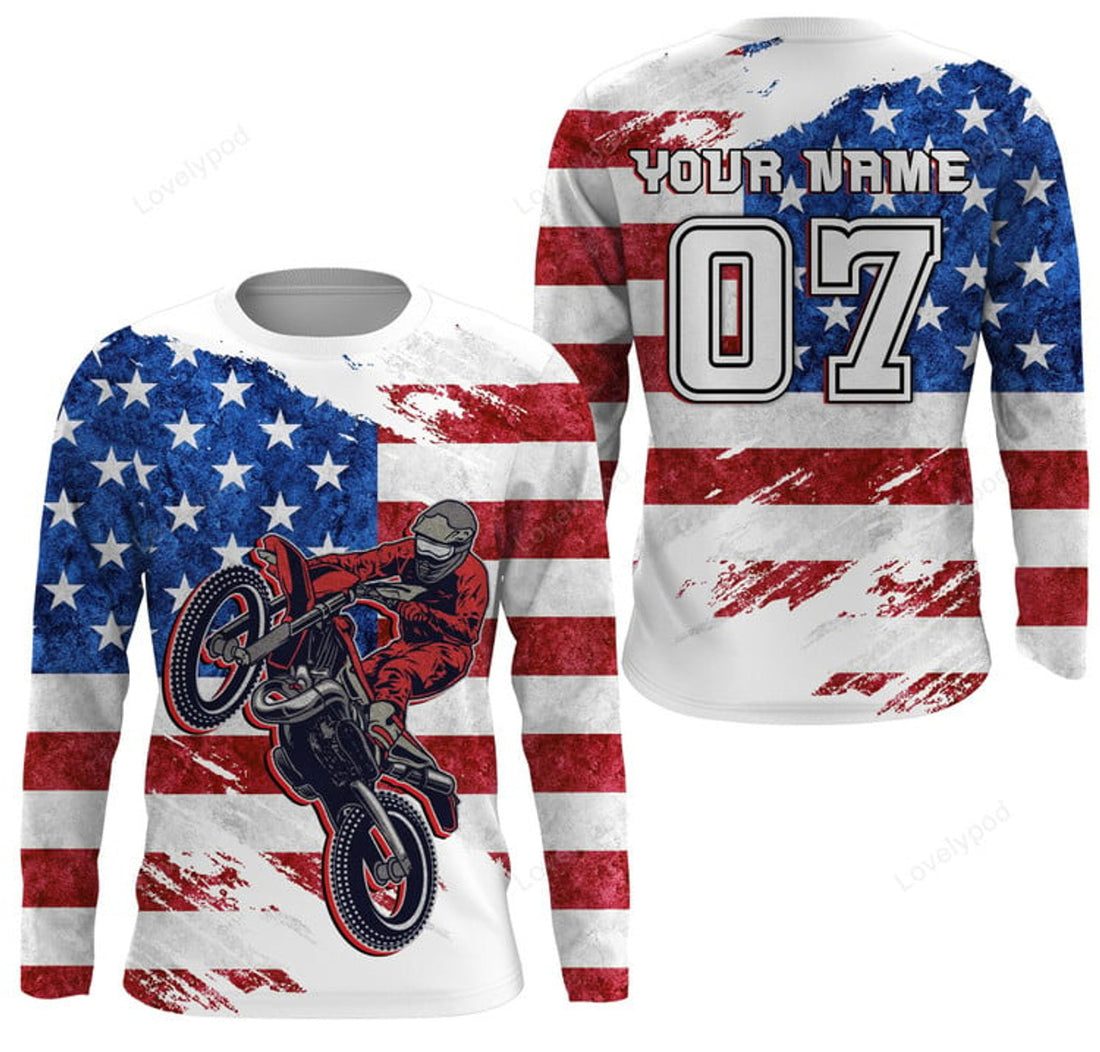 FUNSTUFFPRINT Custom American Flag Dirt Bike Jersey, Personalized Patriotic Motocross Racing Motorcycle Jersey 3D Long Sleeve T-Shirt