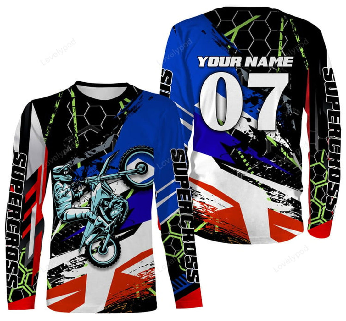 FUNSTUFFPRINT Custom Supercross Riding Jersey, Custom Number & Name Motorcycle Off-Road Dirt Bike Racing 3D Long Sleeve T-Shirt