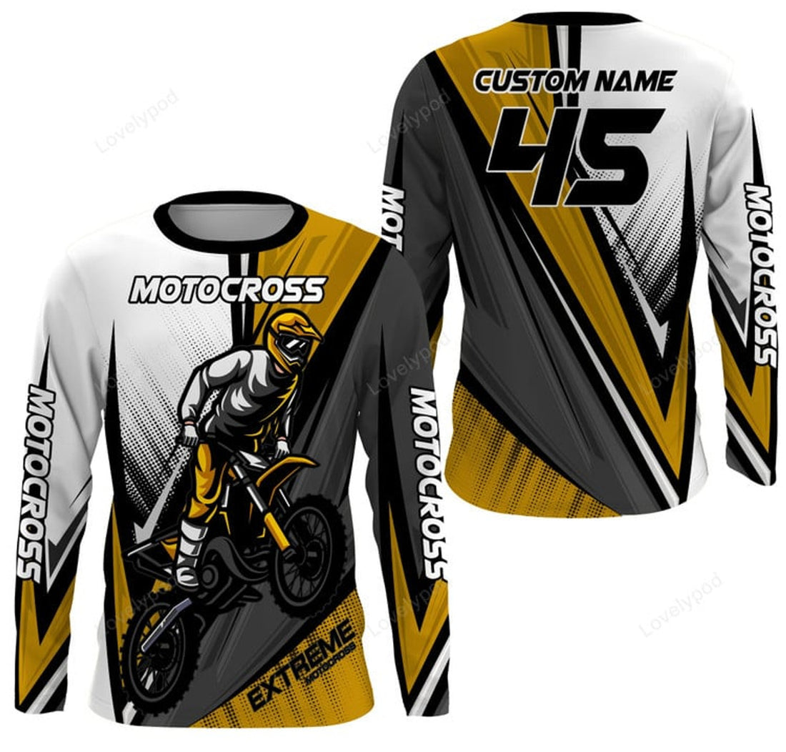 FUNSTUFFPRINT Custom Motocross Jersey UPF 30+, Dirt Bike Motorcycle Off-Road Racing - Yellow 3D Long Sleeve T-Shirt