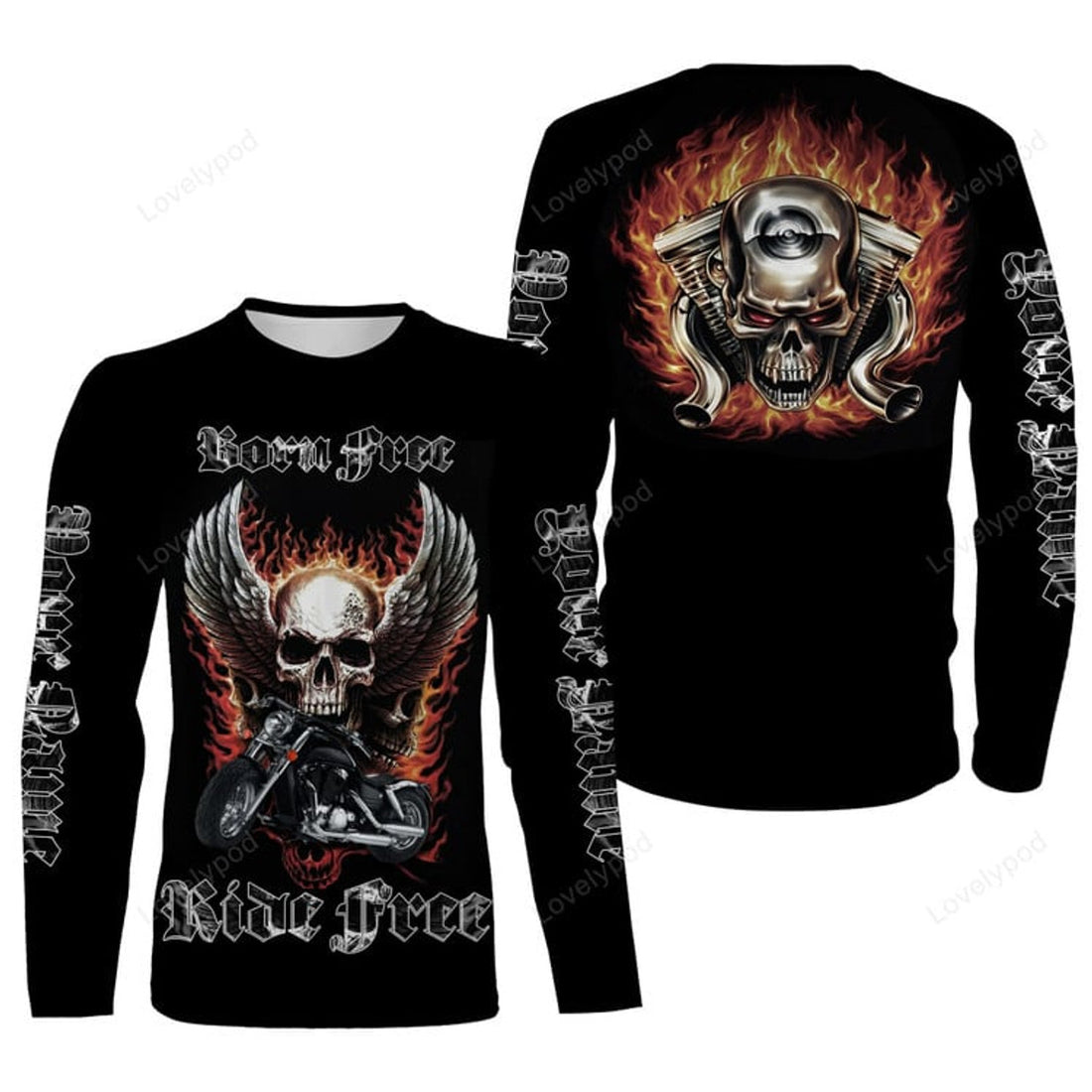 FUNSTUFFPRINT Born Free Ride Free Motorcycle Jersey, Personalized Skull Biker Shirt Off-road Racing Cool Rider 3D Long Sleeve T-Shirt