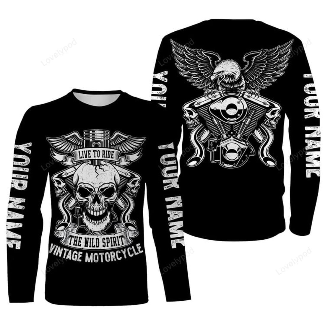 FUNSTUFFPRINT Custom Vintage Motorcycle Engine Live To Ride Personalized Jersey Skull Biker Off-road Racing 3D Long Sleeve T-Shirt