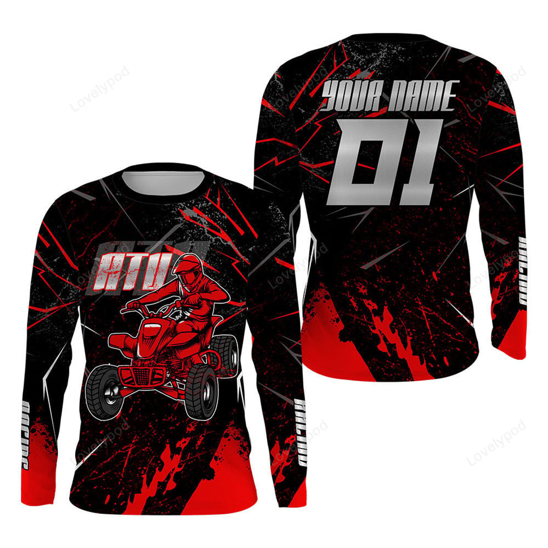 FUNSTUFFPRINT Custom ATV Motocross Jersey, Red Extreme Quad Bike Off-Road Jersey Men Kid MX Riding 3D Long Sleeve T-Shirt