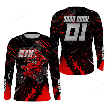 FUNSTUFFPRINT Custom ATV Motocross Jersey, Red Extreme Quad Bike Off-Road Jersey Men Kid MX Riding 3D Long Sleeve T-Shirt