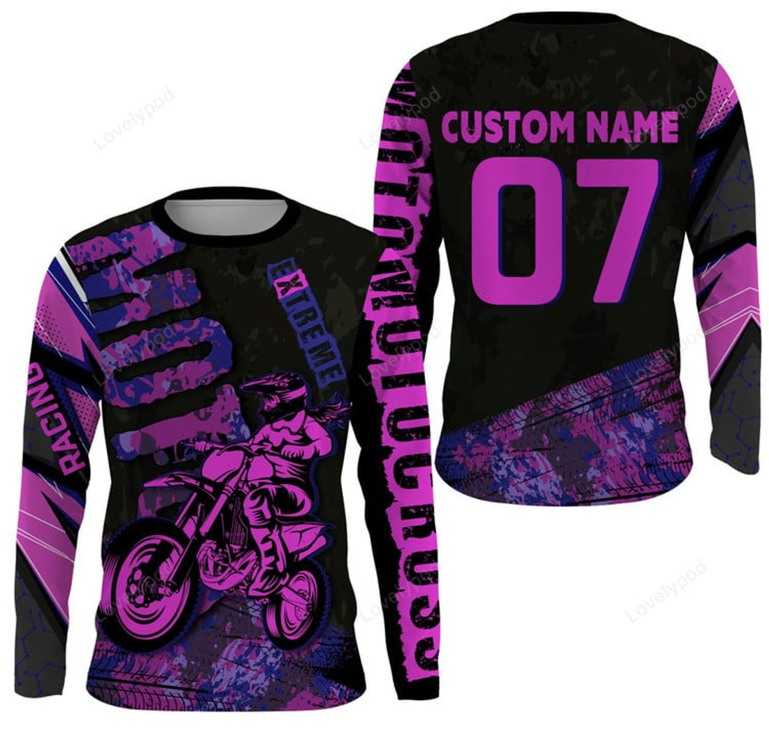 FUNSTUFFPRINT Custom Motocross Jersey Pink UPF 30+, Extreme Motocross Racing Off-Road 3D Long Sleeve T-Shirt