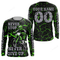 FUNSTUFFPRINT Custom Green Motocross Jersey, Never Stop Dirt Bike Shirt For Boys Racing Motorcycle 3D Long Sleeve T-Shirt