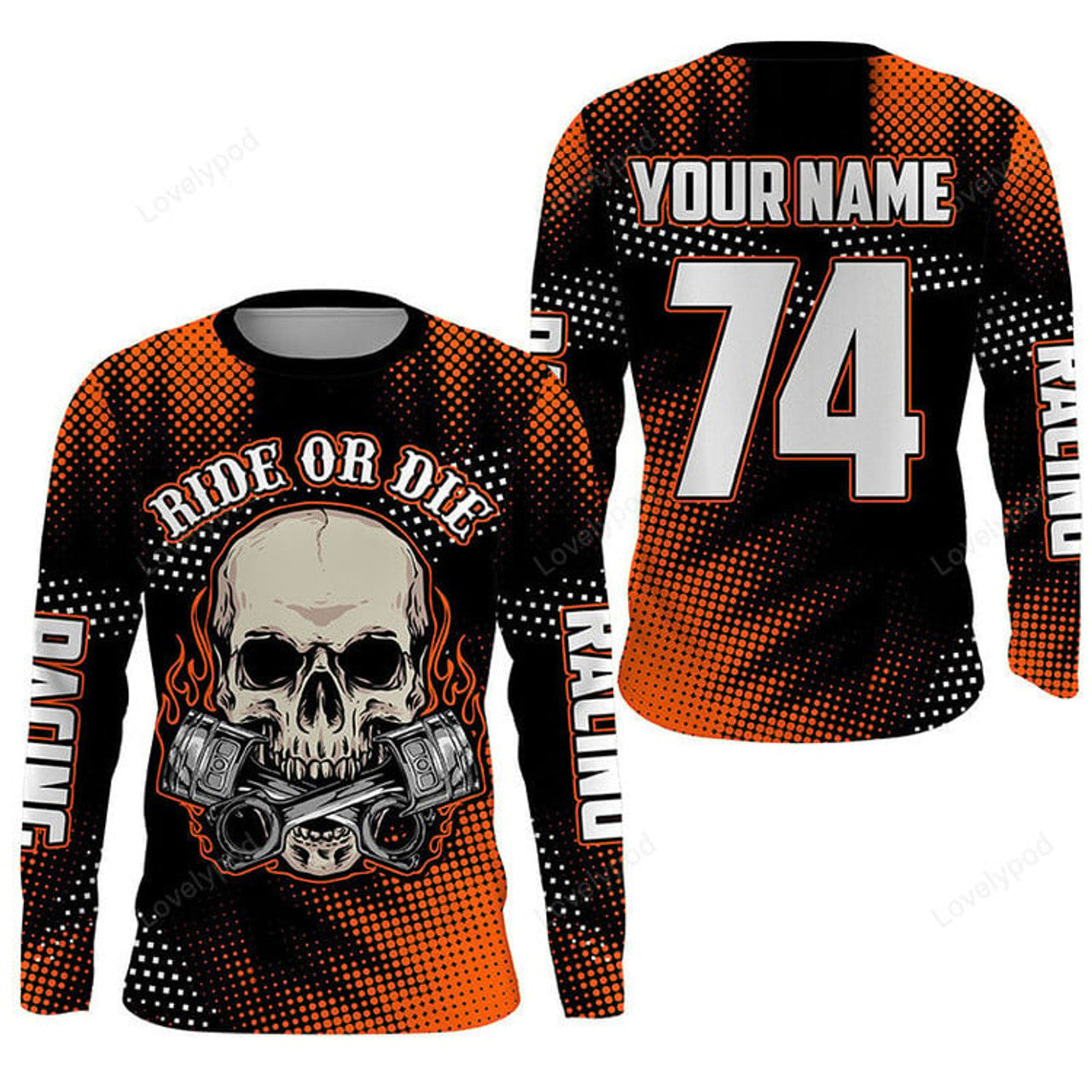 FUNSTUFFPRINT Custom Ride Or Die skull dirt bike men women jersey, orange Motocross shirt motorcycle 3D Long Sleeve T-Shirt