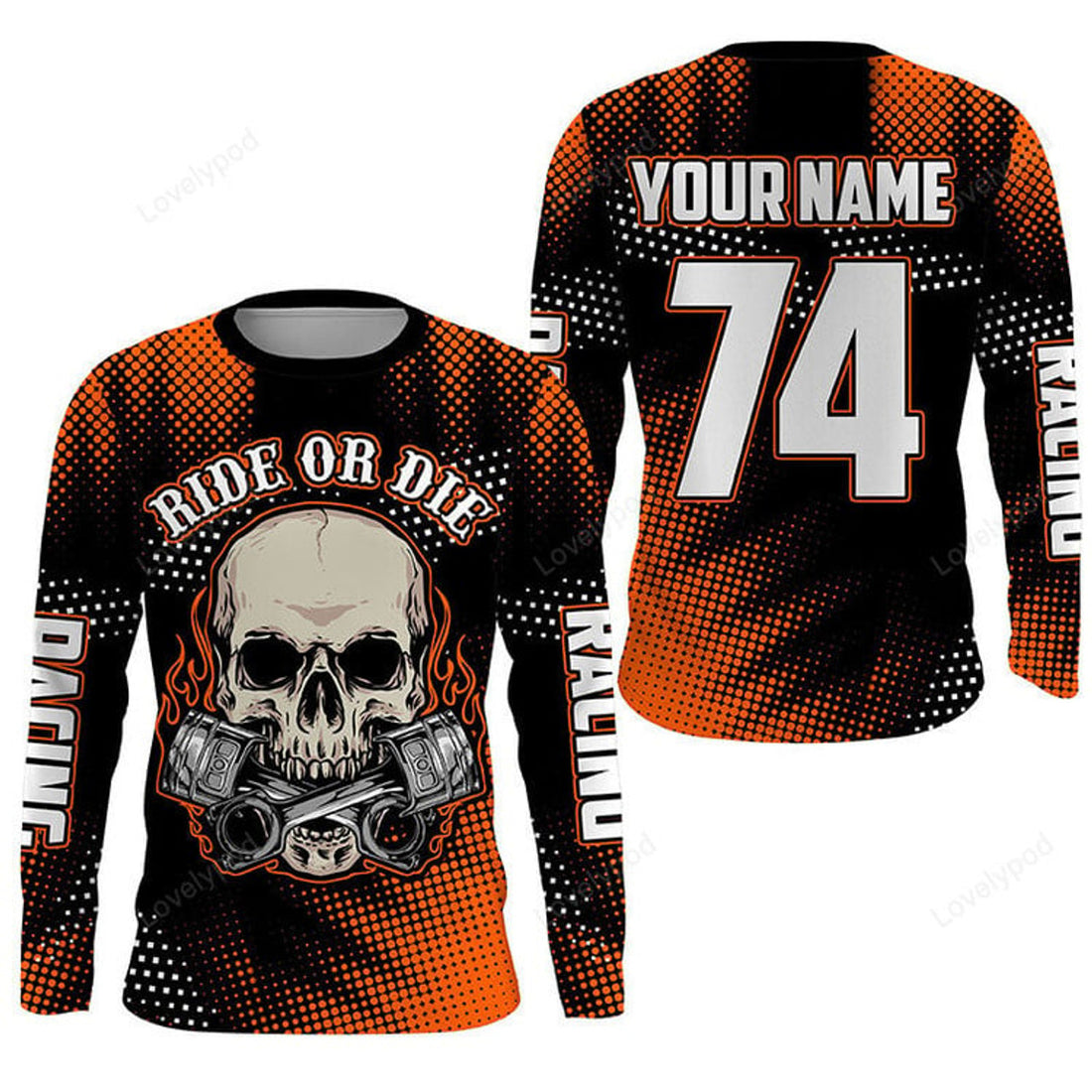 FUNSTUFFPRINT Custom Ride Or Die skull dirt bike men women jersey, orange Motocross shirt motorcycle 3D Long Sleeve T-Shirt