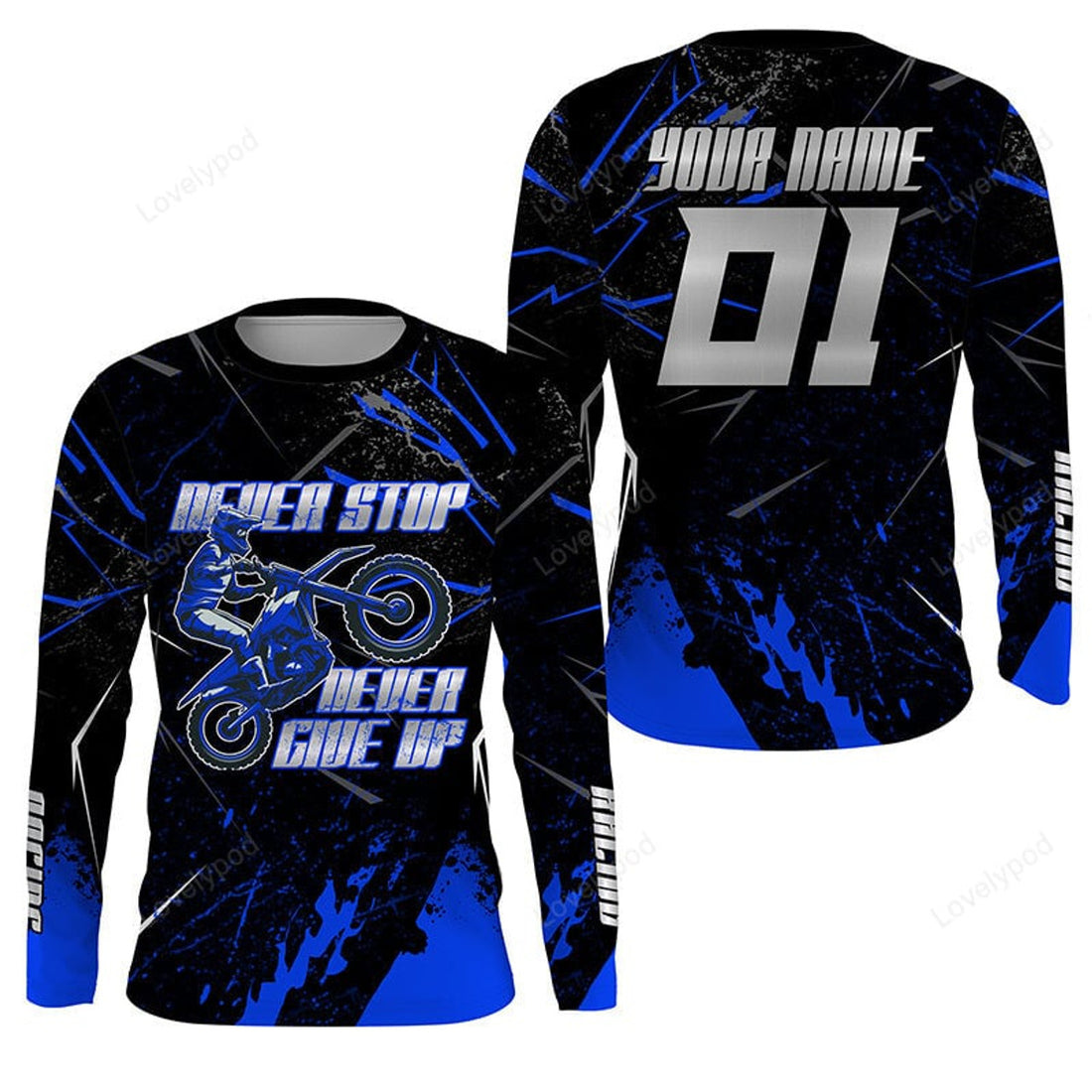 FUNSTUFFPRINT Custom dirt bike jersey men women, blue Motocross racing shirt Never Stop motorcycle 3D Long Sleeve T-Shirt