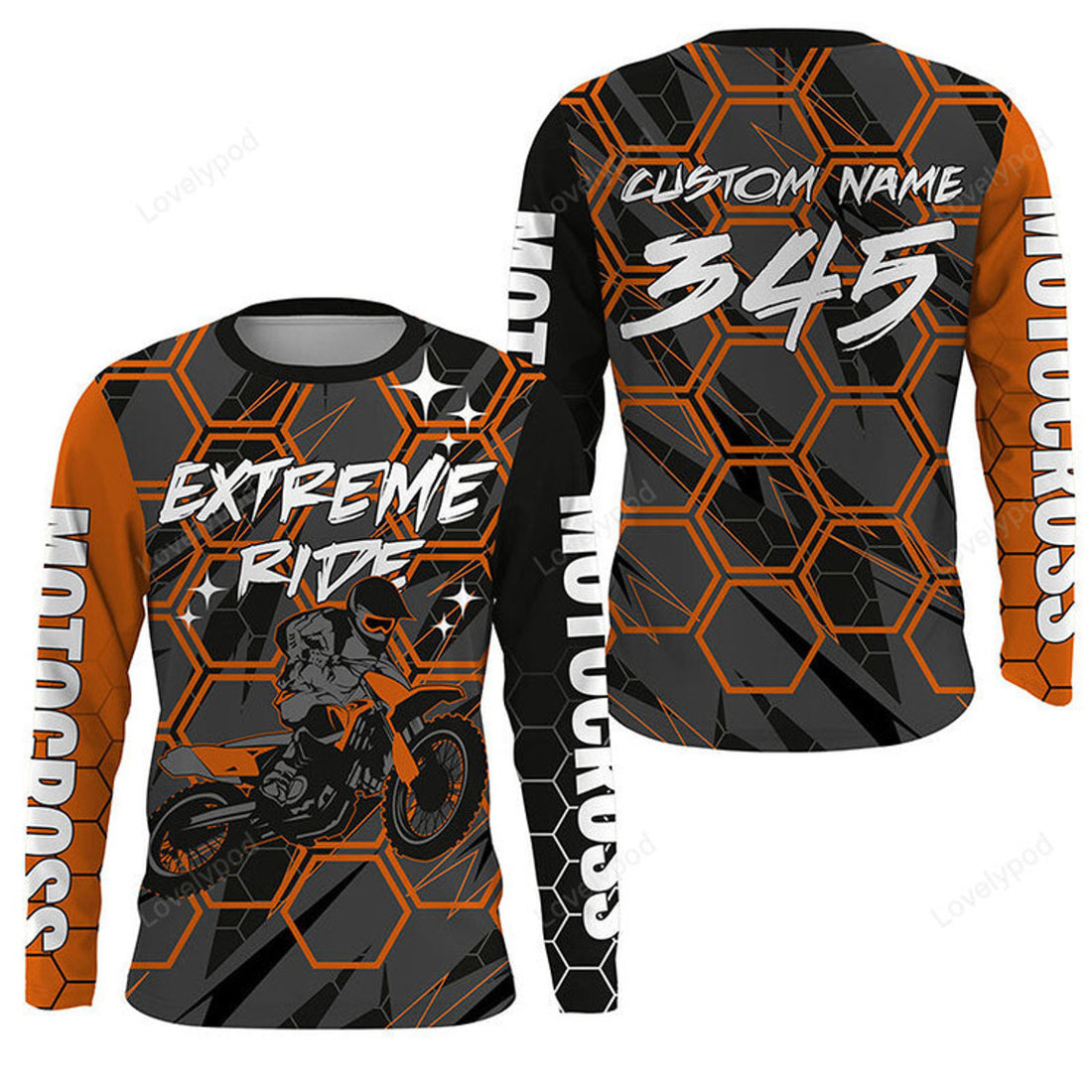 FUNSTUFFPRINT Custom Orange Motocross for men, extreme ride dirt bike shirt off-road 3D Long Sleeve T-Shirt