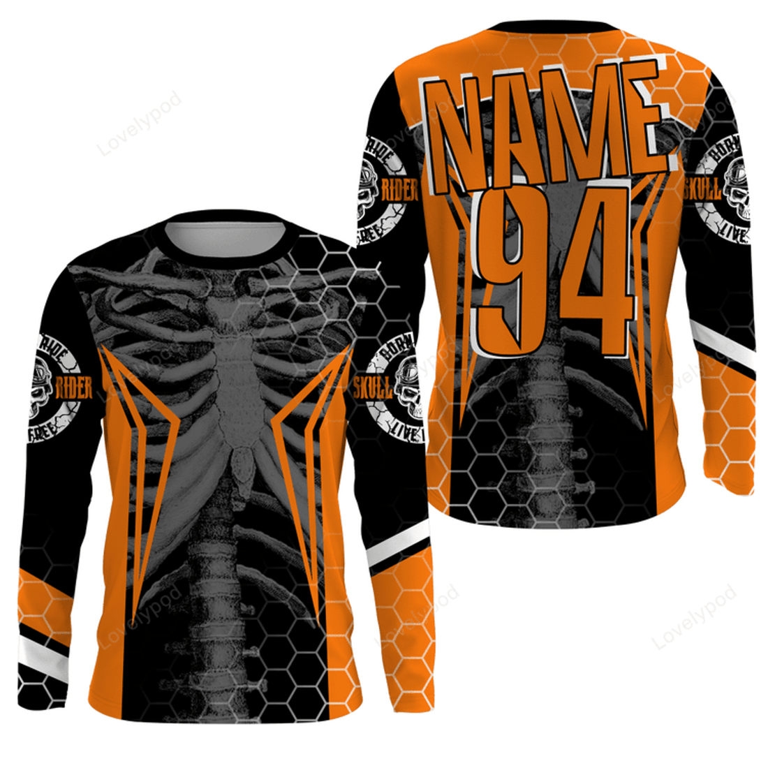 FUNSTUFFPRINT Custom Racing Orange Jersey, Cool Bone Motorcycle Motocross Off-Road Riders 3D Long Sleeve T-Shirt