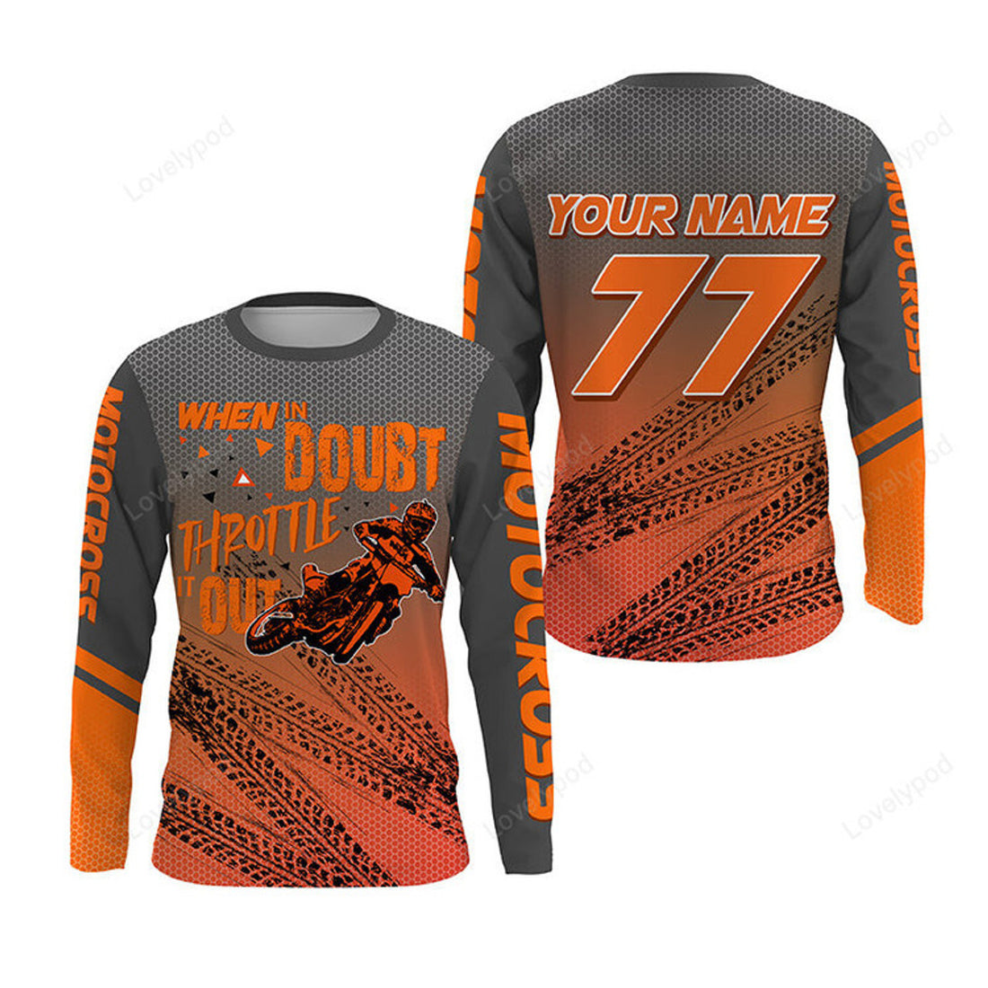 FUNSTUFFPRINT Custom Dirt Bike Jersey When in Doubt Throttle It out, Orange Motocross MX Racing 3D Long Sleeve T-Shirt