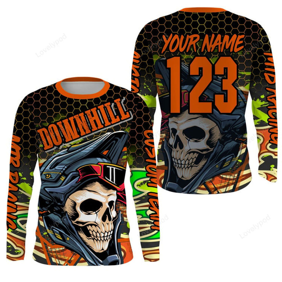 FUNSTUFFPRINT Custom Orange Downhill skull racing jersey, mountain bike MTB shirt Adult, cycling motocross gear 3D Long Sleeve T-Shirt