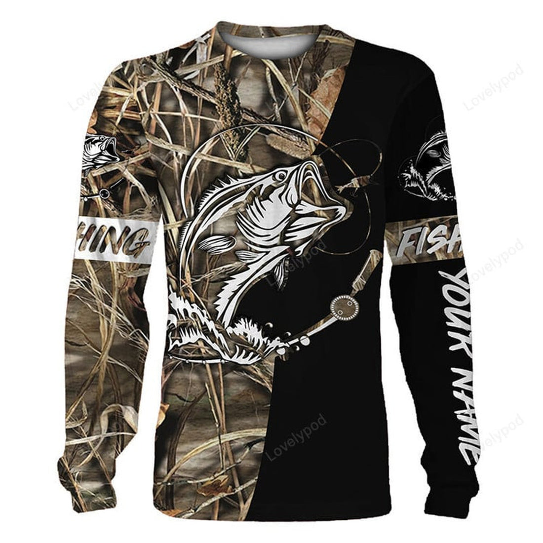 FUNSTUFFPRINT Custom bass fishing tattoo full printing fishing black shirt for Men, Fishing 3D Long Sleeve T-Shirt